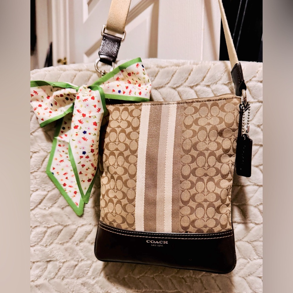 Coach Legacy Signature gold, khaki and Brown crossbody Bag.